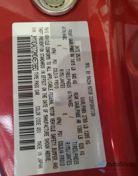 2021 Mazda Mx-5 Miata Grand Touring z USA, uszkodzony, nr VIN JM1NDAD72M0457860